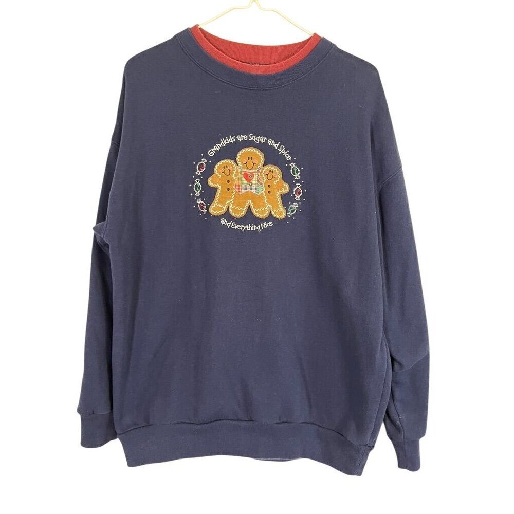 Retro Gingerbread Sweatshirt M Blue Grandma Festive Holiday 80s Earthy Colorful